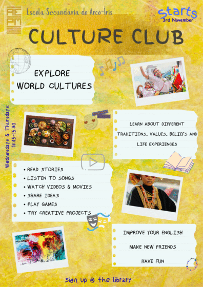 Há um novo clube nas escola Arco-Íris e Gaspar Correia! É o Culture Club!